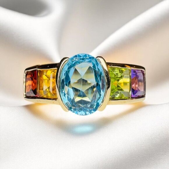 VINTAGE- 10K Gold -Multi Gemstone Ring -Sz 5 Rainbow Ring -Topaz Garnet Amethyst - Picture 1 of 16